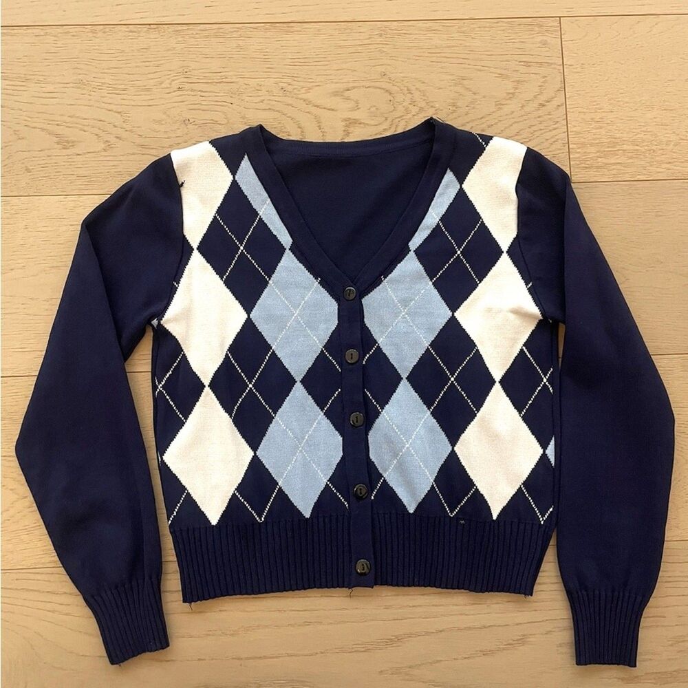 Source Unknown Navy Blue Argyle Cardigan with Light Blue and Cream Diamonds